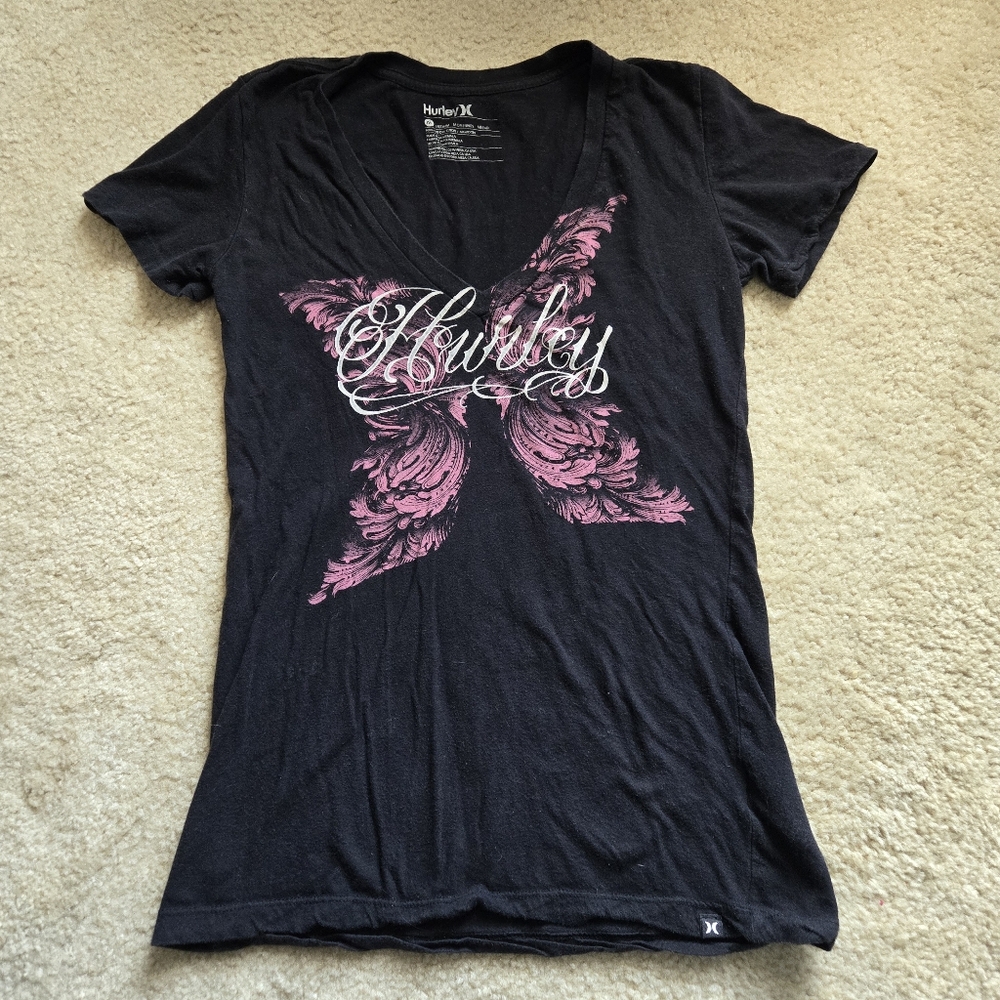 HURLEY v-neck babydoll tee black pink script swirl butterfly x sz M retro y2k